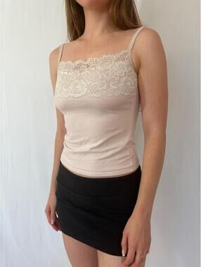Baby Pink Vintage Lace Trim Square Neck Cami